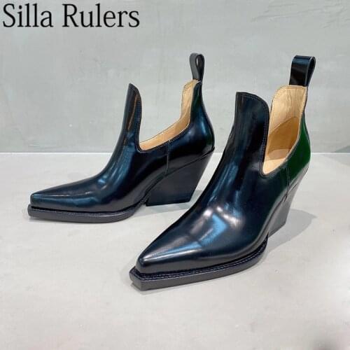 Runway Pointed Toe Hollow Out Ankle Boots Women Genuine Leather Wedges Heels Chelsea Boots Woman Slip On Knight Boots Woman