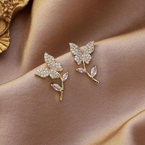 Simple Elegant Butterfly Flower Branch Earrings For Women Cute Lovely Rhinestone Studded Japanese and Korean Fashion Accessories