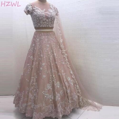 Dusty Pink Saudi Arabia Prom Dresses Sheer Neck Lace Appliques Short Sleeves A Line Two Pieces Evening Gowns Robe De Soiree