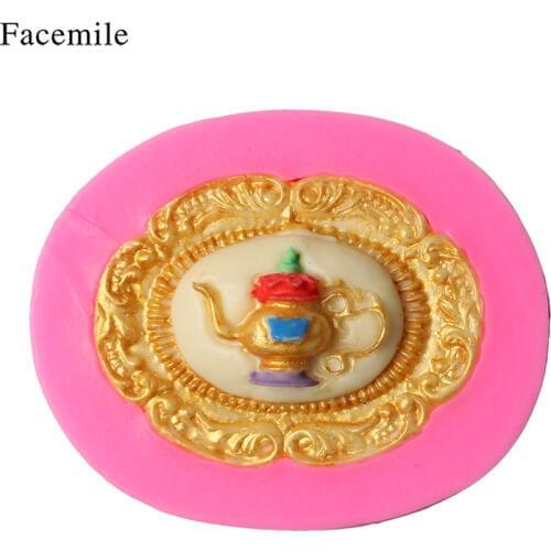 Retro Frame Teapot Badge Shape Silicone Molds Handmade Soap Mold Fondant Cake Decoration SugarCraft Chocolate Baking Tool
