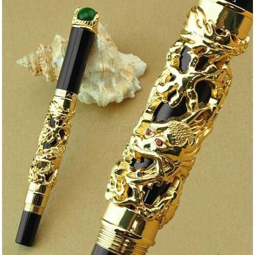 Jinhao Business Dragon King 18KGP M Nib Fountain Pen , Metal Embossing Green Jewelry on Top, Golden Drawing Refillable Ink Pen
