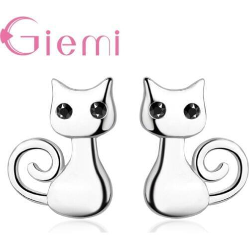 Solid 925 Sterling Silver Lovely Animal Cat Shape Stud Earrings For Women Girlfriend Hard Black Cubic Zirconia Jewelry Crystal