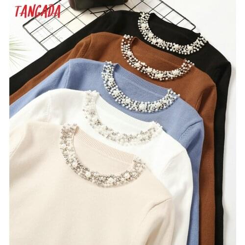 Tangada Autumn Winter Women Beaded Neck Sweater 2019 casaco feminino elegant lady sweater Jumper Casual Warm pull femme AQX11