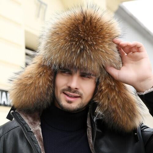 Winter Mens 100% Real Silver Fox Fur Bomber Hat Raccoon Fur Ushanka Cap Trapper Russian Man Ski Hats Caps Real Leather