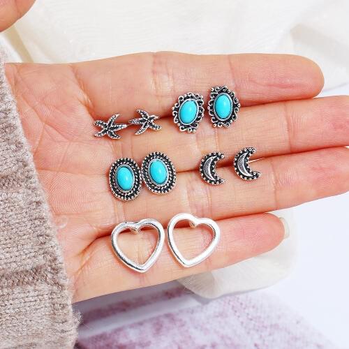 5 Pairs/Set Women Crystal Bohemian Earring Stud Earrings for Women Boucle D'oreille Jewelry Tibetan Silver Natural Stone Brincos