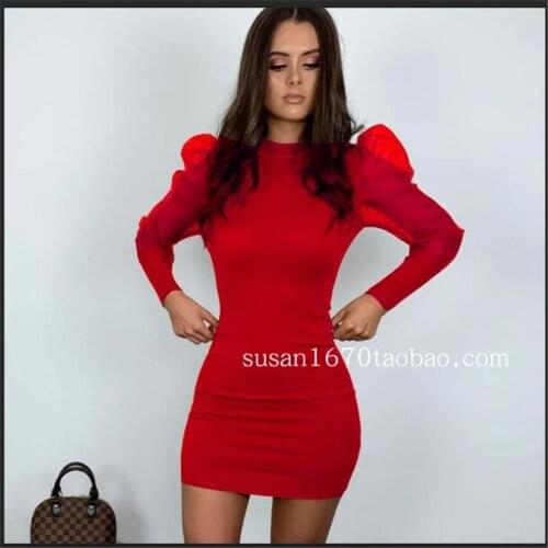 Dress jumpsuits European and American style sexy mesh gauze sleeves high collar solid