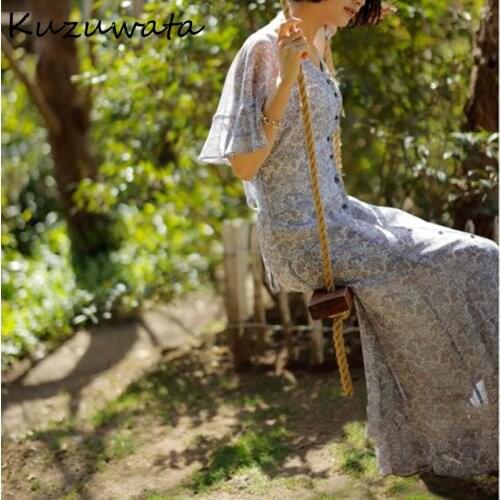 Kuzuwata 2021 Summer New V Neck Print Flare Sleeve Single Breasted High Waist Vestidos Japan Style Solid Sweet Dress Women Robe