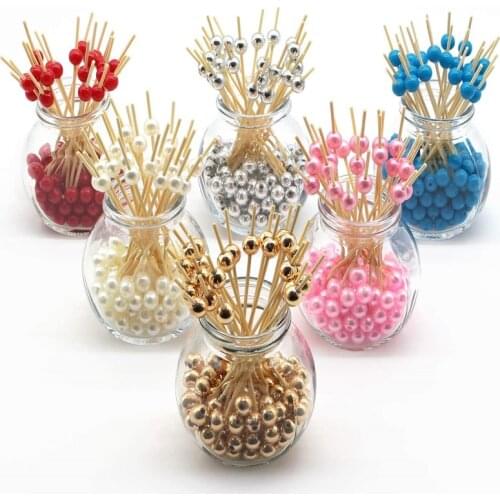 Gold Pearl Bamboo Cocktail Picks 4.7 Inch Long Fancy Toothpicks for Appetizers Drinks Fruits Party Food Garnish Skewer Sticks 10