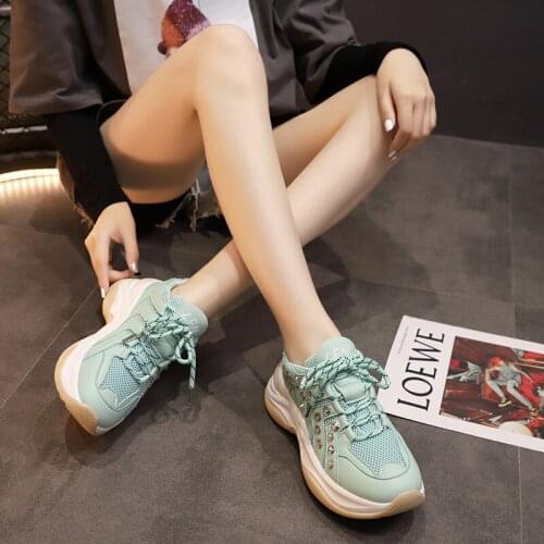 2020 summer new fashion daddy shoes female rhinestone thick bottom increased breathable casual sports shoes mesh shoes X156