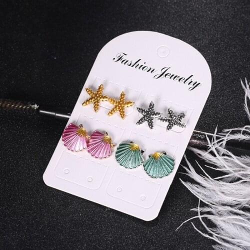 4 Pairs Assorted Boho Stud Earrings Colorful Sea Shell Starfish Beach Jewelry