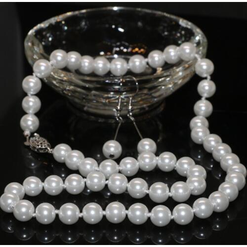 Free shipping high grade 8mm white simulated-pearl shell round beads necklace earrings women fashion jewelry set 18inch B2361