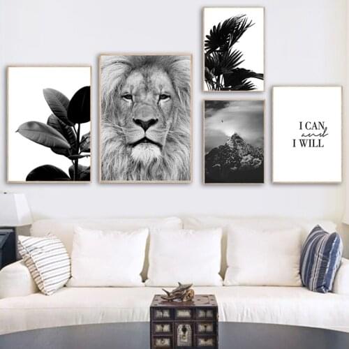 Black White Lion Palm Tree Snow Mountain Wall Art Canvas Painting Nordic Posters And Prints Wall Pictures For Living Room Decor