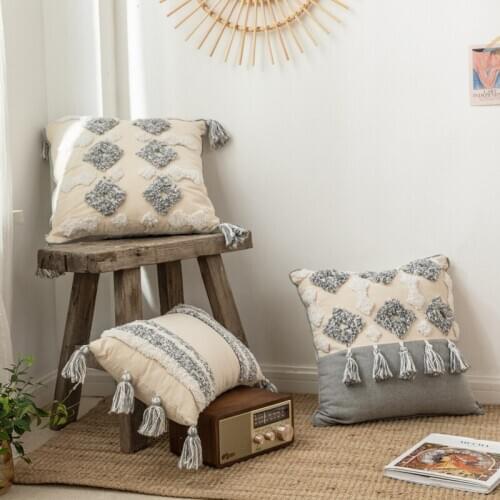Cotton Cushion Cover Geometric Tufted Pillow Case Moroccan Style Handmade Tassel Home Decoration Sofa Bed T458