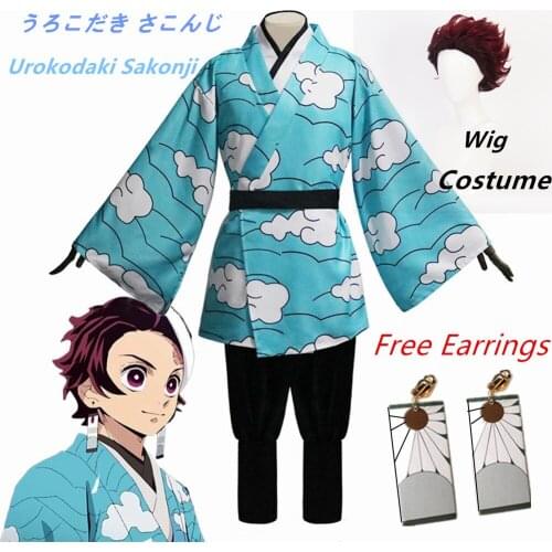 Anime Demon Slayer Kimetsu No Yaiba Kamado Tanjirou Urokodaki Sakonji Cosplay Costume Sky Blue Kimono Uniform Helloween Outfit