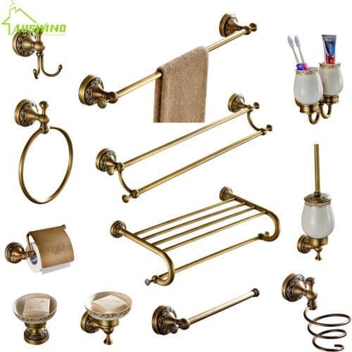 Antique Brass Collection Carved Bathroom Products Bathroom Accessories Set Wall Mounted Brass Bathroom Hardware Set