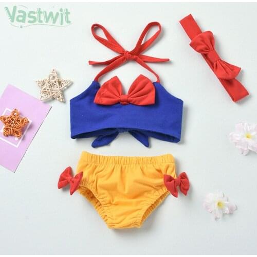 Summer Toddler Infant Baby Girls Clothes Sleeveless Halter Bowknot Crop Tops Briefs Bowknot Head Band 3pcs Sunsuit Outfits Set
