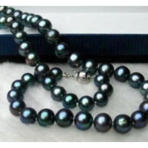 Fashion jewelry Free Shipping 9-10mm tahitian black green genuine round pearl necklace 14k/20
