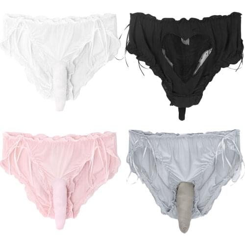 Men Breathable Mesh Briefs Lingerie Bulge Pouch Ruffles Bowknot Decor See-through Heart Back Solid Underpants Low Waist Underwea