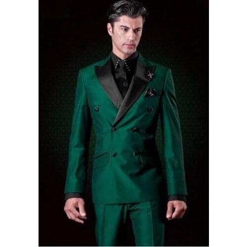 Green Satin Black Peaked Lapel Double Breasted Italian Men Suits Formal Wedding Suits For Men Groom Tuxedos Traje Hombre 2 Pcs