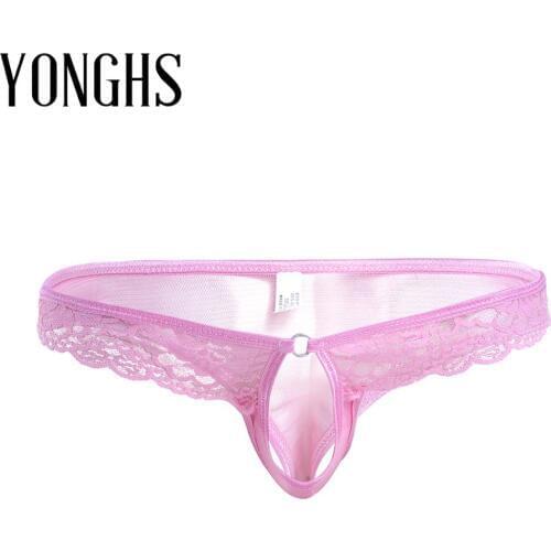 Mens Lingerie Sex Underwear Lace Mesh Briefs Bikini Underwear Underpants with Penis Hole Semi See-through Gay Homme Sexy Panties