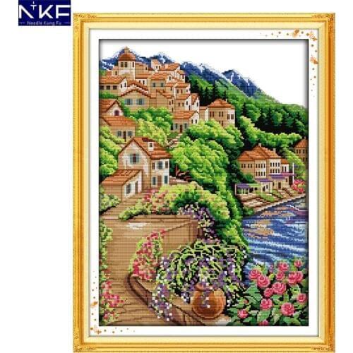 NKF Near Sea and Hill Stamped Cross Stitch Pattern DIY Kit Needlework Embroidery Sets Chinese Cross Stitch for Home Decor