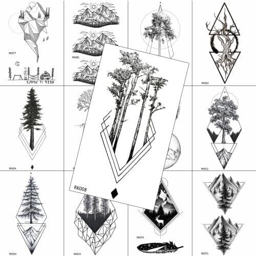 Natural Temporary Tattoos Balck Pine Tree Sticker Triangle Mountain Waterproof Fake Tattoo For Men Arm Body Art Painting Tatoos