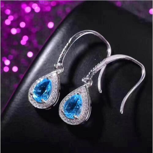 Natural Blue topaz earring Free shipping Natural real Blue topaz 925 sterling silver