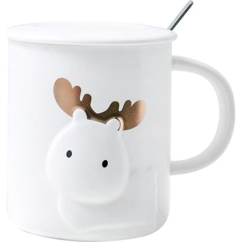 2021 New Three-dimensional Relief Cartoon Antler Ceramic Mug With Cover Spoon Household Tea Coffee Ceramic Milk Cup 450ML
