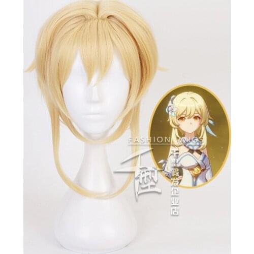 Game Genshin Impact Traveler Lumine Blonde Short Wig Cosplay Costume Heat Resistant Synthetic Hair Women Wigs + Wig Cap