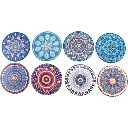 Coasters for Drinks, Set of 8 Absorbent Stone Coasters for Wooden Table, Mandala Ceramic Coasters with Cork Base