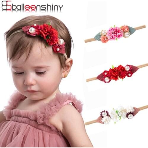 Balleenshiny Artificial Flower Pearl Baby Girls Headband Newborn Photography Props Baby Shower Headwear Kids Hair Band Headdress