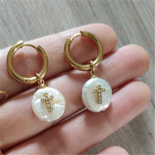 Tiny gold white cz paved religious cross charm natural freshwater pearl bead pendant stainless steel hoop earring for women