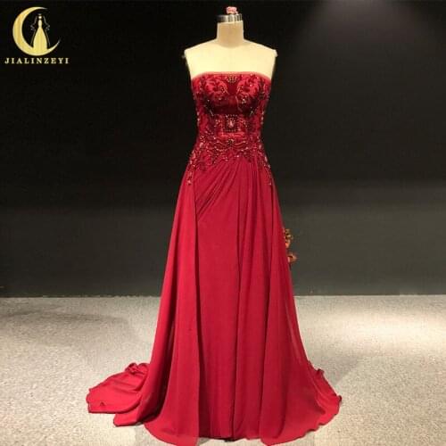 Rhine real Pictures Straplesss Wine Red beaded Crystal Chiffon Formal dresses Fashion dress Evening dresses