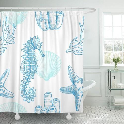 Reef Sea Life Vintage of Seahorse Starfish Coral Sprigs and Seashell Marine Shell Aquarium Shower Curtains Waterproof Polyester