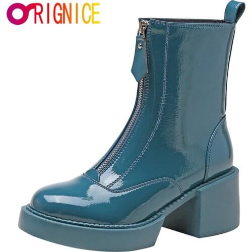 Orignice Luxury Brand Designer Front Zipper Ankle Boots Women 2021 New Chunky Heels Platform Fashion Round Toe Ladies Shoes