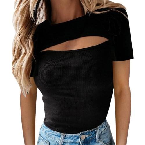 Women Skinny Sexy O Neck Hollow Tops Solid Color Casual Tees Rib Short Sleeve T Shirt Summer Slim Pullover Party Fashion Blouses