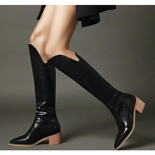 2020 New Women Western Boots Fashion Pointed Toe Thick Heel Women Knee High Boots Slip on Women Shoes Black Blue Yellow Sliver