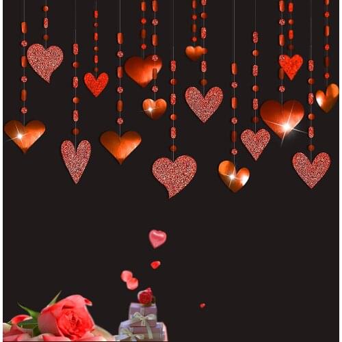 16Pcs Glitter Red Heart Garland Decorations Hanging Heart Streamer Banner String Backdrop for Valentines Day Wedding Decorations