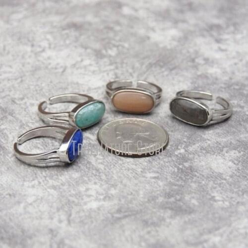 5Pcs RM28258 Adjustable Silver Jewelry Copper Oval Ring Stone Copper Jewelry Silver Plated Stone Oval Shape Ring