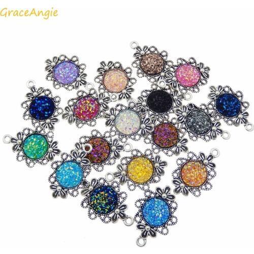 GraceAngie 10pcs/pack Colorful Metal Tray Shiny Flower Cameo Charm Mixed pendant for jewelry making Necklace Earring Accessory