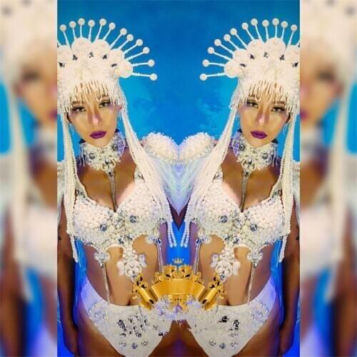 K20 White pearl headwear sexy ballroom dance costumes dj stage wears bodysuit catwalk performance jumpsuit bar dress bra outfit