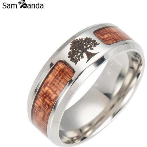 New Nordic Vikings Runes Amulet Life Tree Ring Men Stainless Steel Mosaic Wood Semi-circle Rings For Women Mens Jewelry Gift