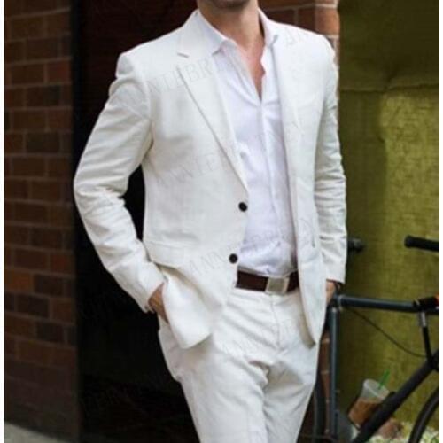ANNIEBRITNEY Latest Coat Pant Designs Ivory Linen Casual Men Suit 2019 Summer Beach Tuxedo Simple Custom Groom Suits Set Blazer