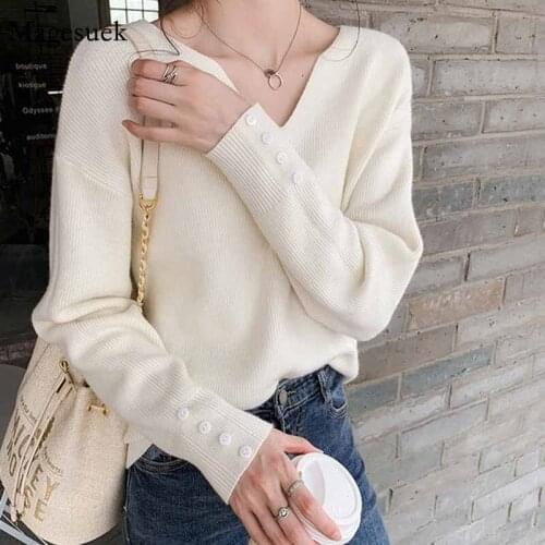 New Loose V-neck Casual Pullover Women Sweater Long Sleeve Knitted Sweater Autumn Winter Jumper Women Sweaters Pull Femme 11319