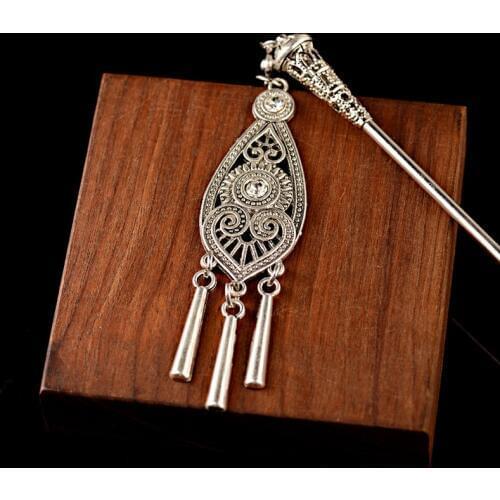 Bohemia Ethnic Vintage Gypsy Tibet Silver Color Tassel Carved Flower Chopstick Hair Sticks For Women Hairpins Jewelry Horquillas