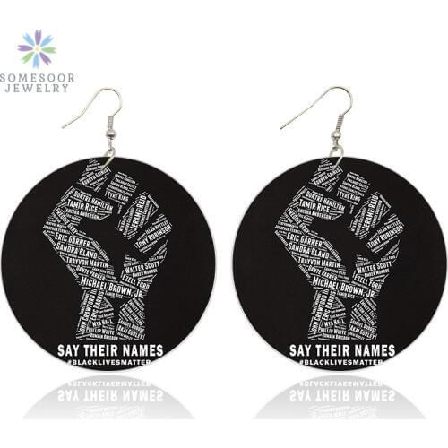 SOMESOOR Printed African Power Fist Wooden Drop Earrings With Black Lives Matters Afro History Figure Names For Black Women Gift
