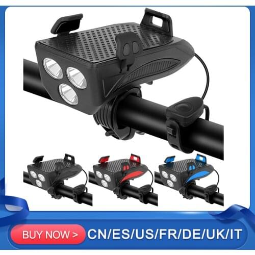 4 In 1 LED Bicycle Light Flashlight Rainproof USB Rechargeable MTB Horn Alarm Bell Phone Holder Power Bank Bike Accessories