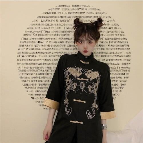 Embroidery Chinese Dragon Shirt Tang Suit Kung Fu Mandarin Collar Jacket Hanfu Traditional Chinese Style Clothing Women TA1974