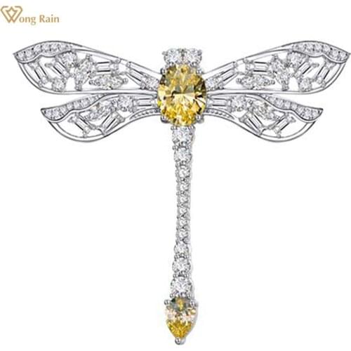 Wong Rain Creative 925 Sterling Sliver 8*10MM Created Moissanite Citrine Gemstone Wedding Party Dragonfly Brooches Fine Jewelry