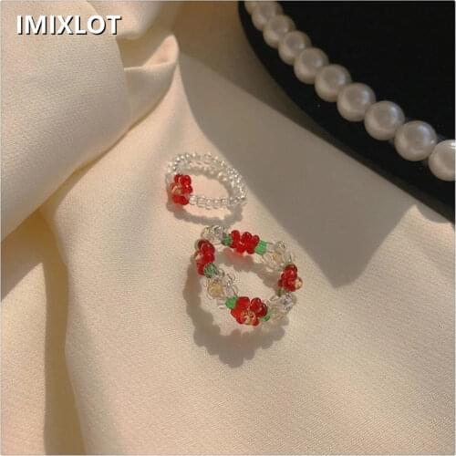 2ps 2021 New Korean Cute Transparent Crystal Flower Colorful Handmade Beaded set Rings for Women Girls aesthetic Summer Jewelry